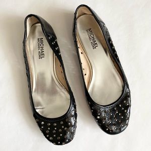 Michael Kors Black Leather Flats with Cutouts & Silver Studs